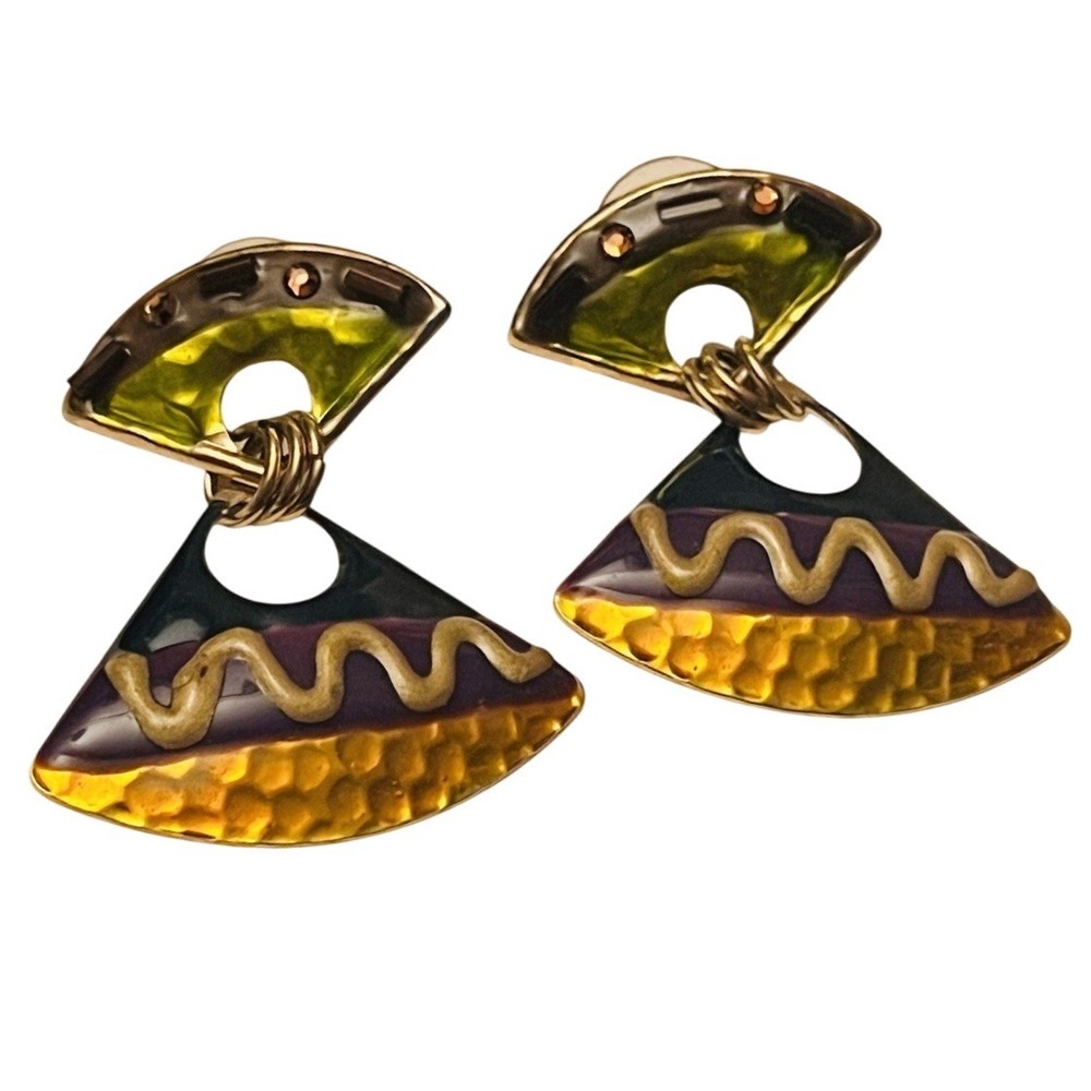 brass Earrings VTG Pierced Dangle MOD 80s Hammered Brutalist Enamel Chunky retro